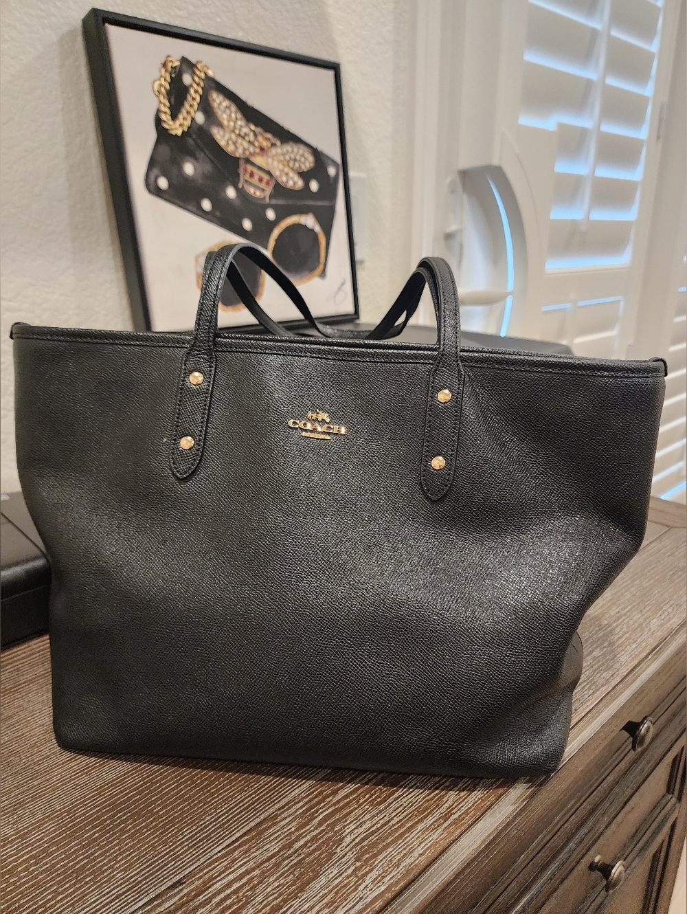 Coach Black Leather Tote with Gold Hardware